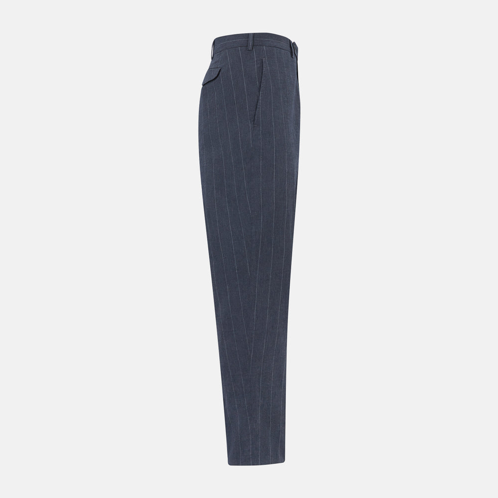 The Navy Striped Edmund trousers by Turnbull & Asser have a relaxed, straight-leg fit with front pleats, belt loops, and a single button waist closure, shown against a plain white background.