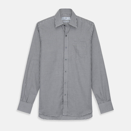 Grey Check Weekend Fit Flannel Shirt with Derby Collar and 1-Button Cuffs
