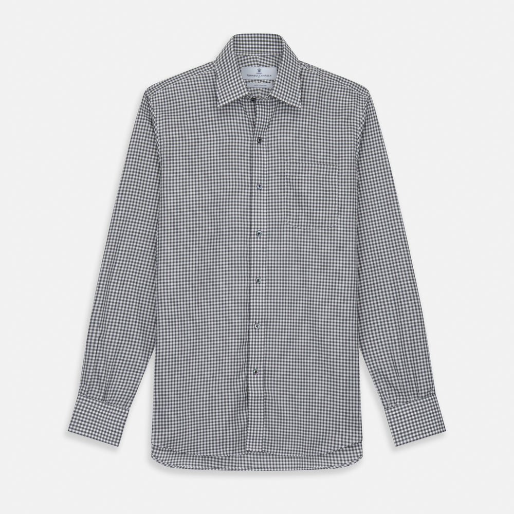 Grey Check Weekend Fit Flannel Shirt with Derby Collar and 1-Button Cuffs