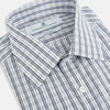 View 2 of product The Turnbull & Asser Navy Multi Check Mayfair Shirt is made from pure cotton with a blue and white check pattern, long sleeves, pointed collar, and buttoned cuffs, shown against a white background.