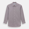 View 1 of product The Turnbull & Asser Burgundy Micro Shadow Check Mayfair Shirt features long sleeves, a classic collar, and white buttons. In light red and white shades, this button-up is perfect for formal wear and is shown laid flat against a white background.