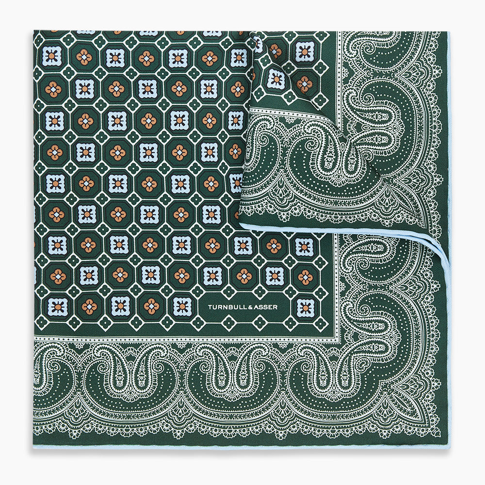 Image 1 of product Forest Green Floral Tile and Paisley Silk Pocket Square