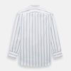 View 3 of product A Burgundy Track Stripe Mayfair Shirt by Turnbull & Asser, featuring long sleeves, vertical stripes, a classic collar, and crafted from premium Italian cotton, is displayed flat on a light background.