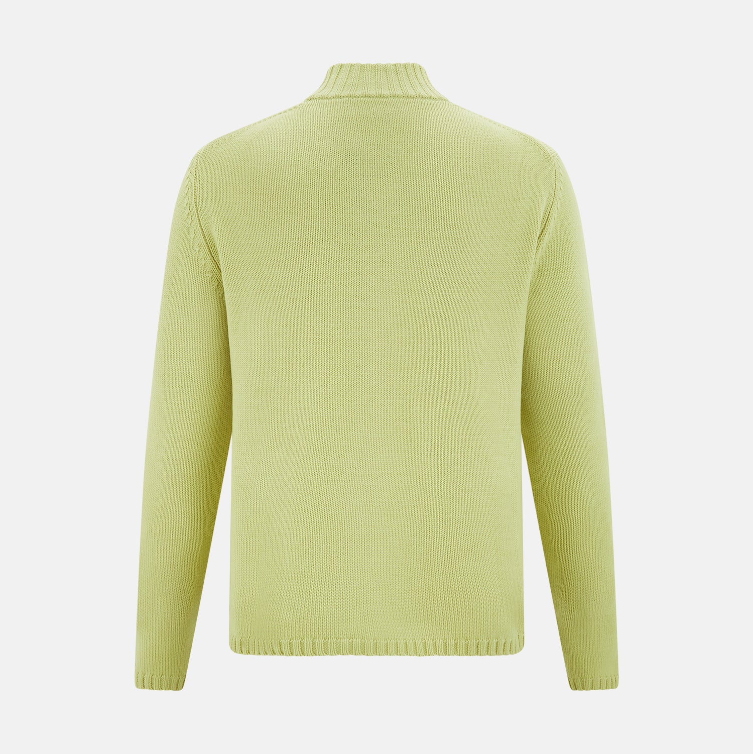 View 3 of product The Melon Green Merino High Neck Zipped Cardigan by Turnbull & Asser features long sleeves and ribbed collar, cuffs, and hem, shown on a plain white background.