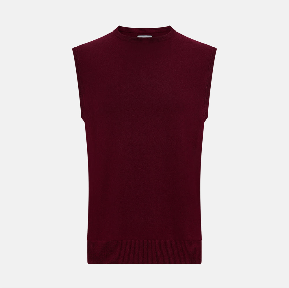 The Turnbull & Asser Burgundy Cashmere Round Neck Vest is a sleeveless jumper with a high crew neckline, shown against a plain white background.