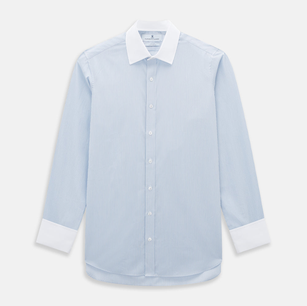 The Turnbull & Asser Sky Blue Hairline Multi Stripe Shirt features a contrast T&A collar and cuffs in white, Mayfair fit, and front buttons, displayed on a plain white background.