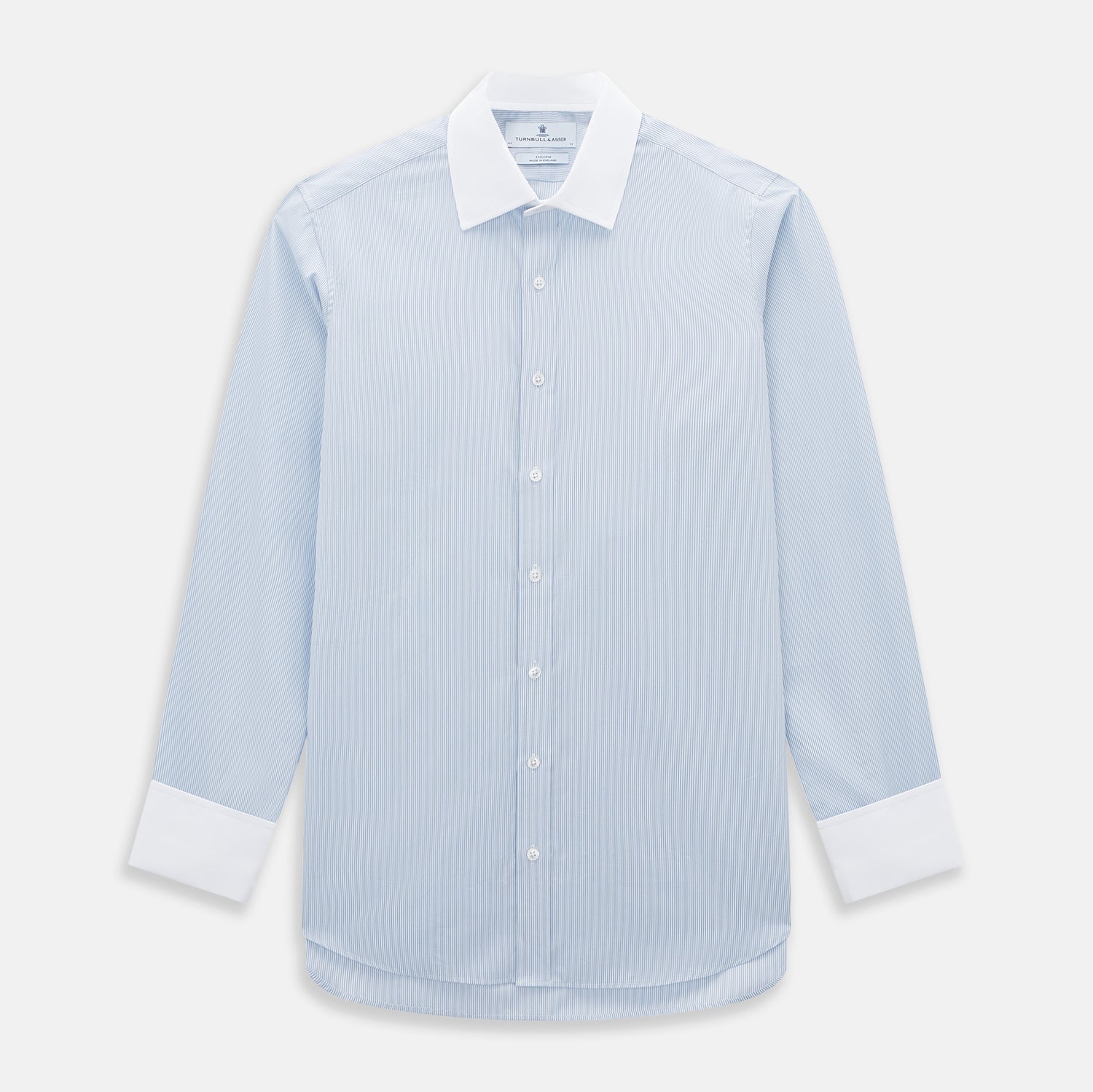 View 1 of product The Turnbull & Asser Sky Blue Hairline Multi Stripe Shirt features a contrast T&A collar and cuffs in white, Mayfair fit, and front buttons, displayed on a plain white background.