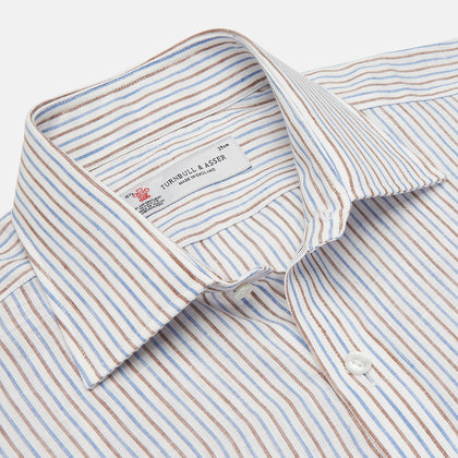 Brown and Blue Ticking Stripe Linen Shirt with POW Collar and 3-Button Cuffs Image 2