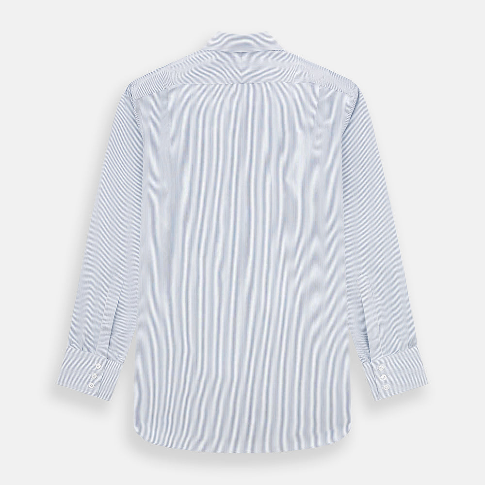 The Blue Ticking Pinstripe Mayfair Shirt by Turnbull & Asser features long sleeves, a button-down front, and classic T&A collar, shown on a plain white background.