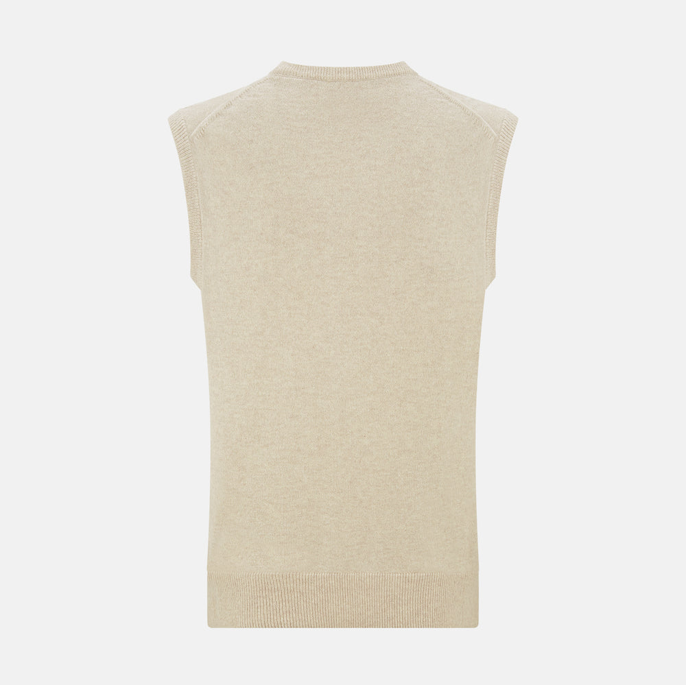 The Turnbull & Asser Cream Cashmere V-neck Vest features a sleeveless design and ribbed hem, presented on a plain white background—a refined update to the classic men’s sweater.