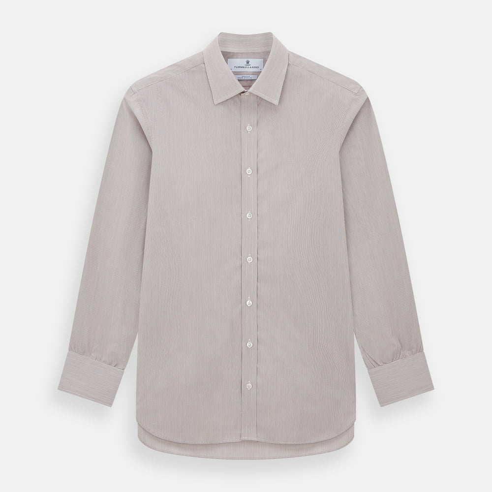 The Turnbull & Asser Burgundy Hairline Stripe Mayfair Shirt features long sleeves, a pointed collar, white buttons, and a classic Mayfair fit—perfect for formal occasions—presented against a plain white background.