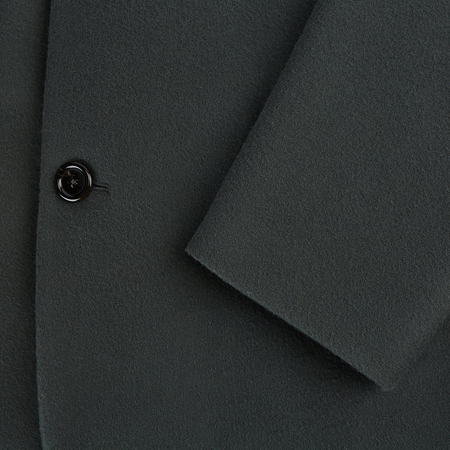 Image 4 of product The Turnbull & Asser Moss Green Apsley Single-Breasted Caban Coat, featuring three buttons, a notched lapel, and three front pockets, is showcased on a plain white background.