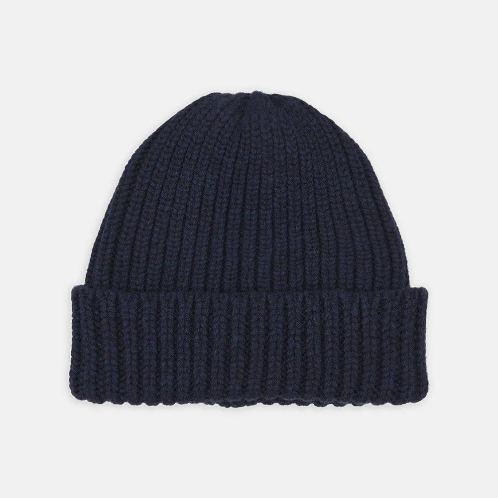 The Turnbull & Asser Navy Ribbed Cashmere Hat features a folded brim and is displayed on a plain white background.