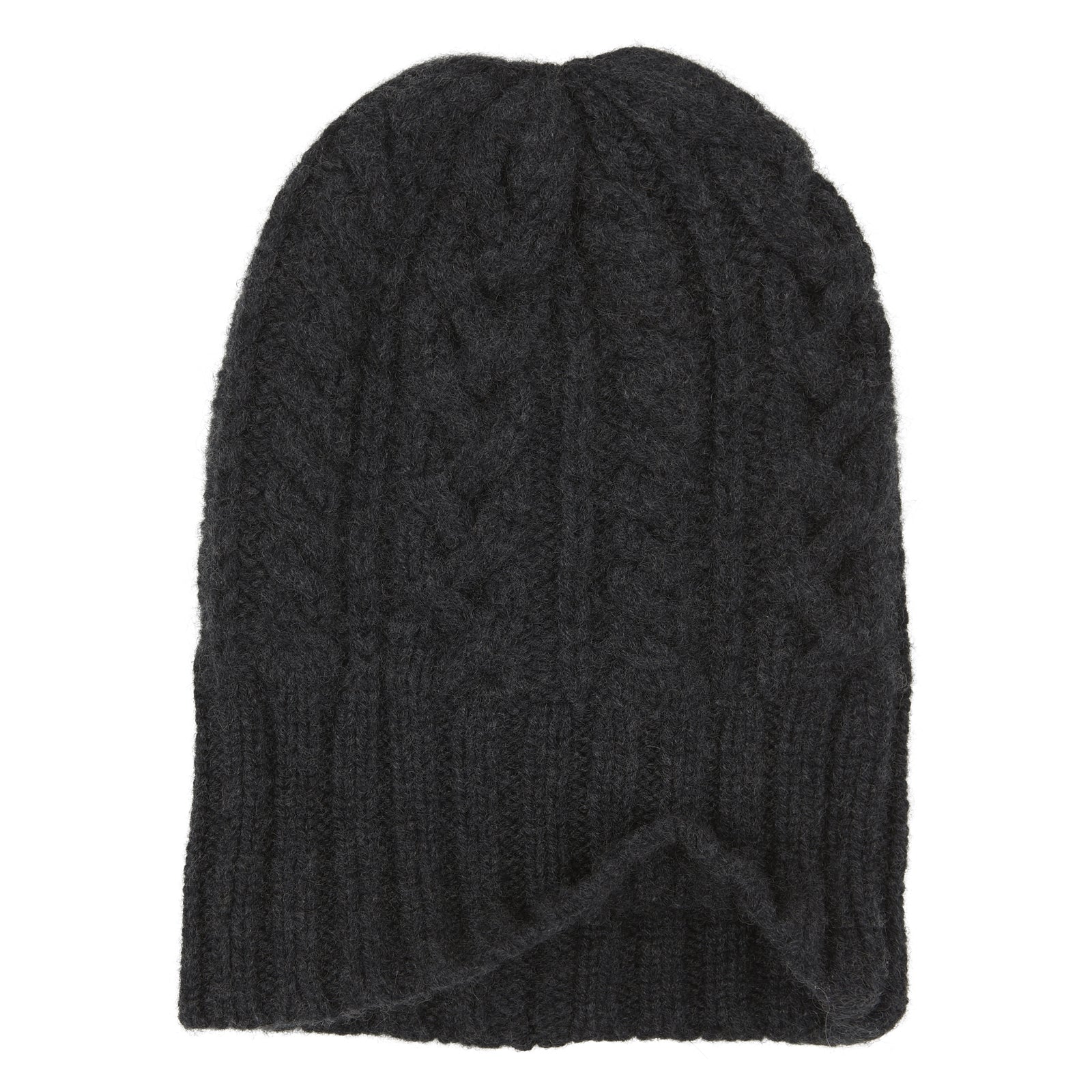 View 2 of product The Turnbull & Asser Charcoal Cable Knit Cashmere Hat features a ribbed fold-over cuff and textured pattern, ideal for winter, shown laid flat on a white background.
