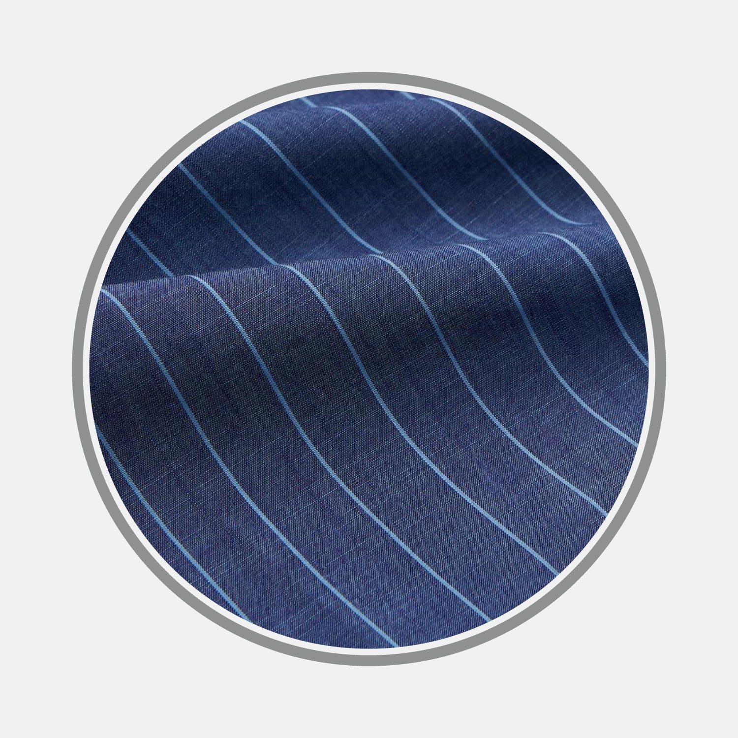 View 1 of product A close-up of Turnbull & Asser's BESPOKE FABRIC 1227 32: blue cloth with thin, even white stripes, ideal for custom shirts—displayed in a circular frame on a light gray background.