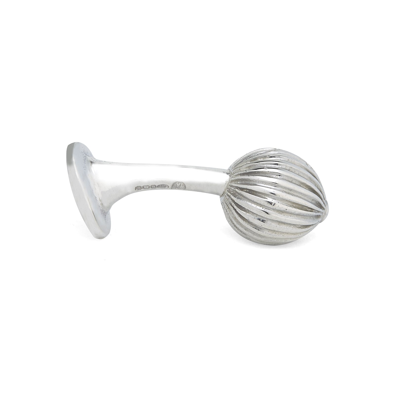 View 3 of product Turnbull & Asser's Sterling Silver Ornament Cufflinks feature round, textured ridged ends and smooth, flat backs, presented elegantly on a plain white background.