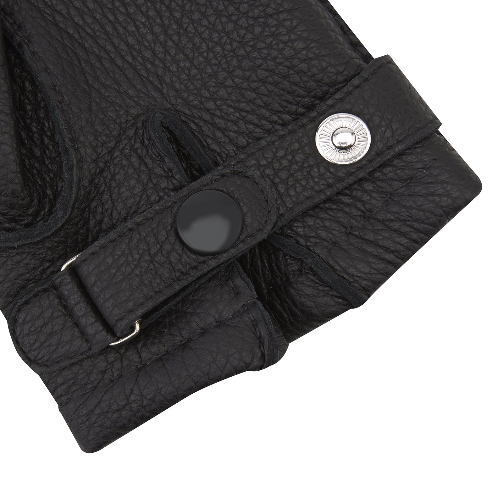 View 2 of product Turnbull & Asser Black Kirkdale Leather Gloves, featuring textured black leather and a sleek wrist strap with a small buckle detail, are displayed on a white background.