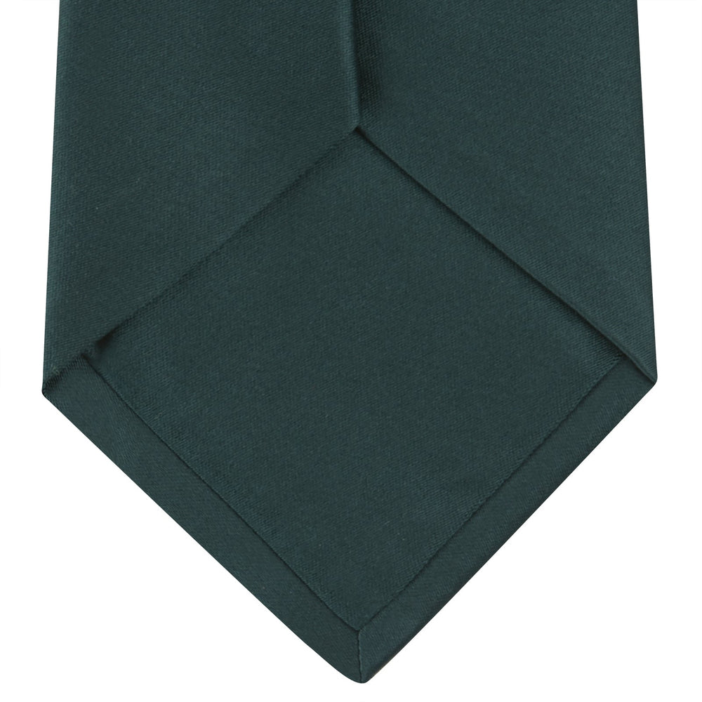 The Turnbull & Asser Forest Green Plain Satin Silk Tie, neatly rolled with a pointed end, is displayed on a plain white background.