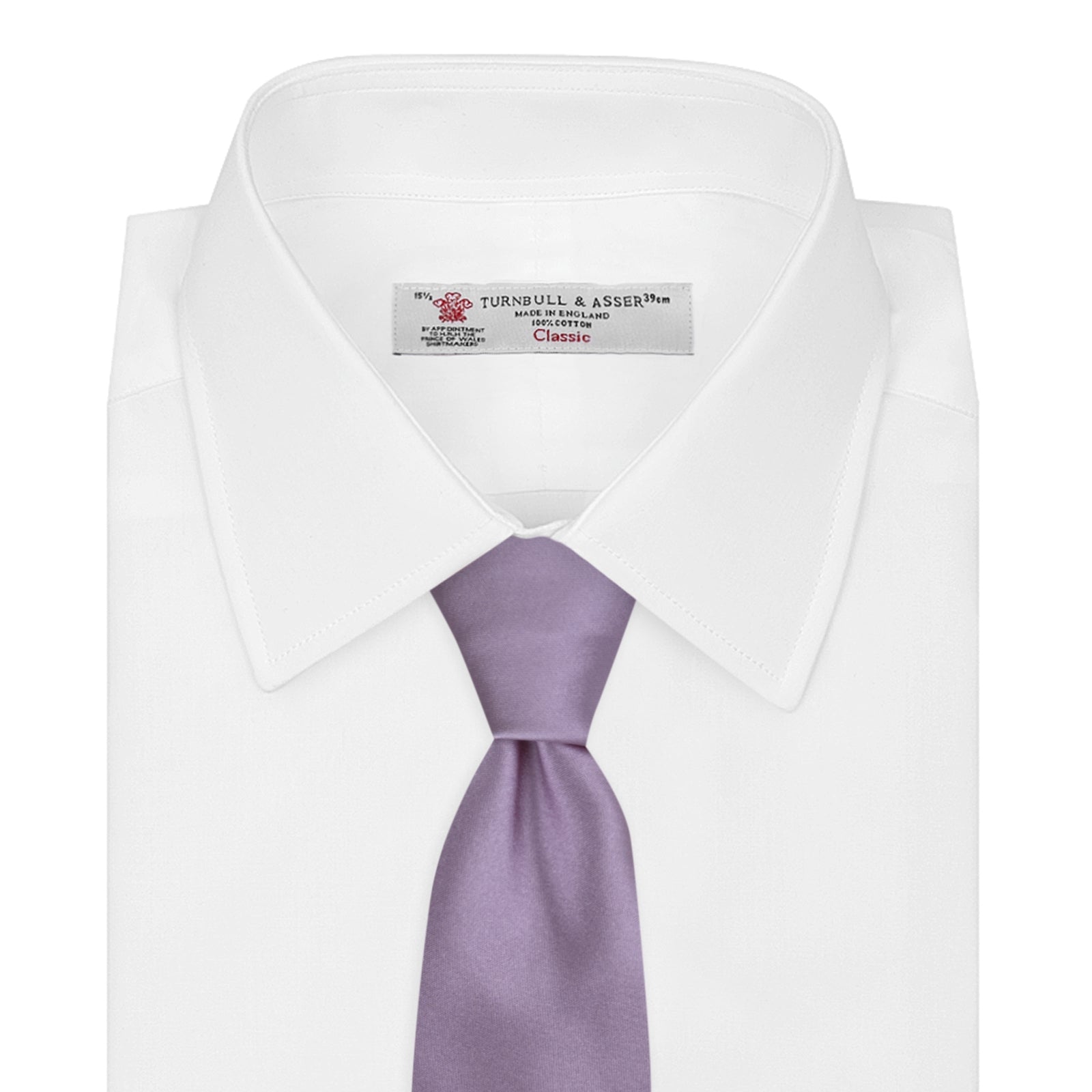 View 2 of product The Turnbull & Asser Lilac Plain Satin Silk Tie, featuring a smooth finish, is neatly rolled and displayed on a white background—a classic accessory for any versatile wardrobe.