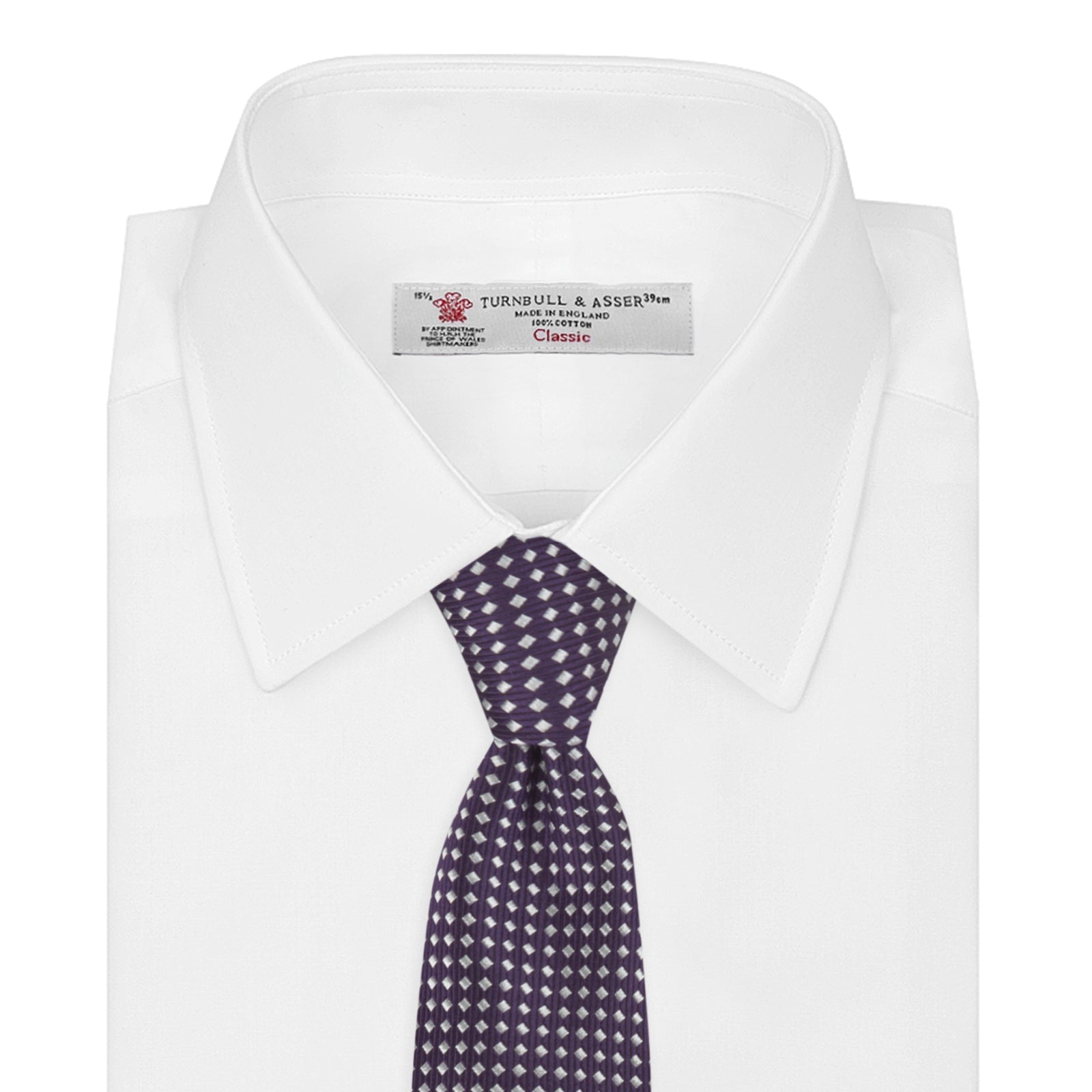 View 2 of product The Turnbull & Asser Plum and White Diamond Silk Tie features a subtle repeating pattern, shown rolled up on a white background—a timeless accessory to elevate any office shirt.