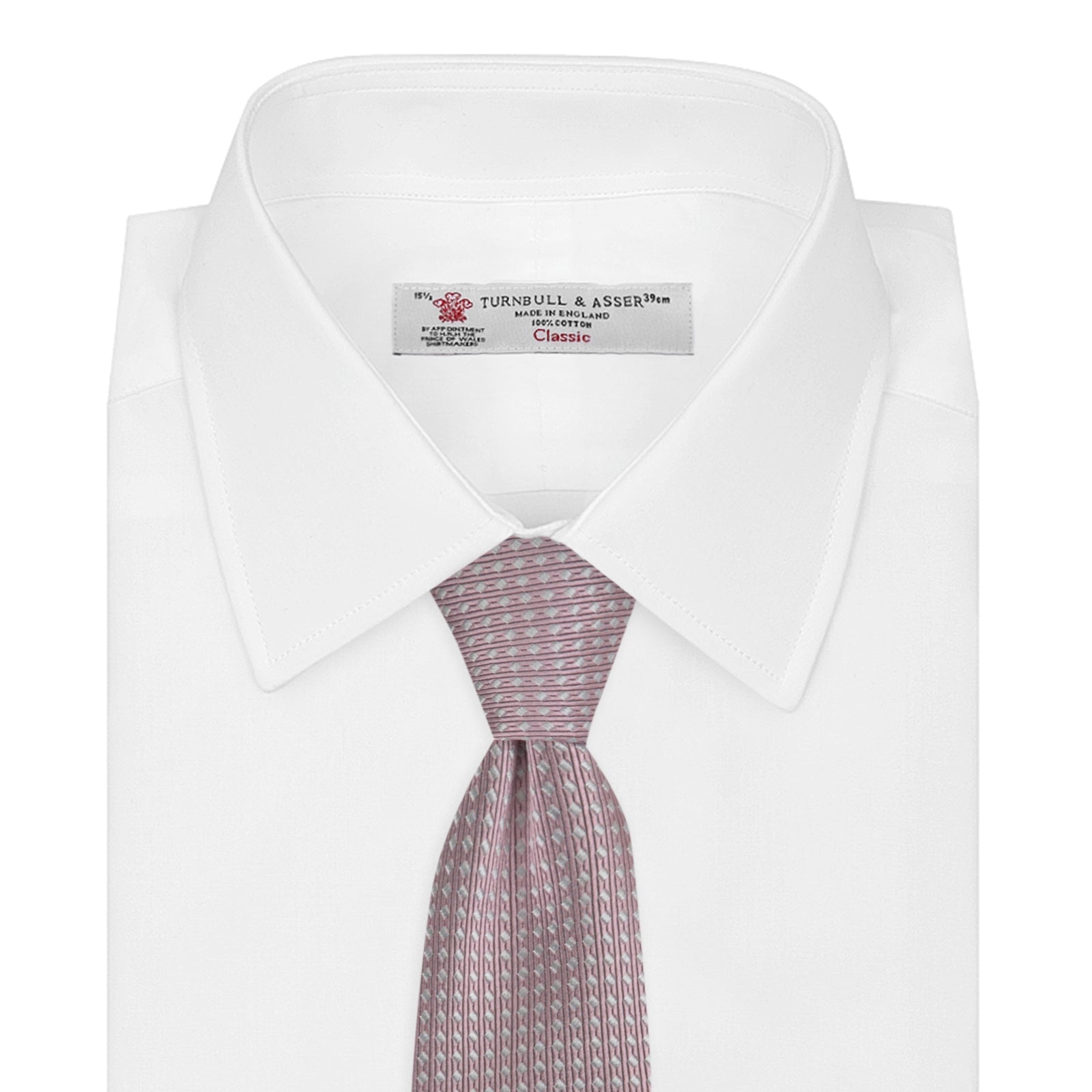 View 2 of product The Turnbull & Asser Rose and White Diamond Silk Tie, shown rolled on a white background, features a subtle diamond pattern—an elegant accessory to elevate any office shirt.