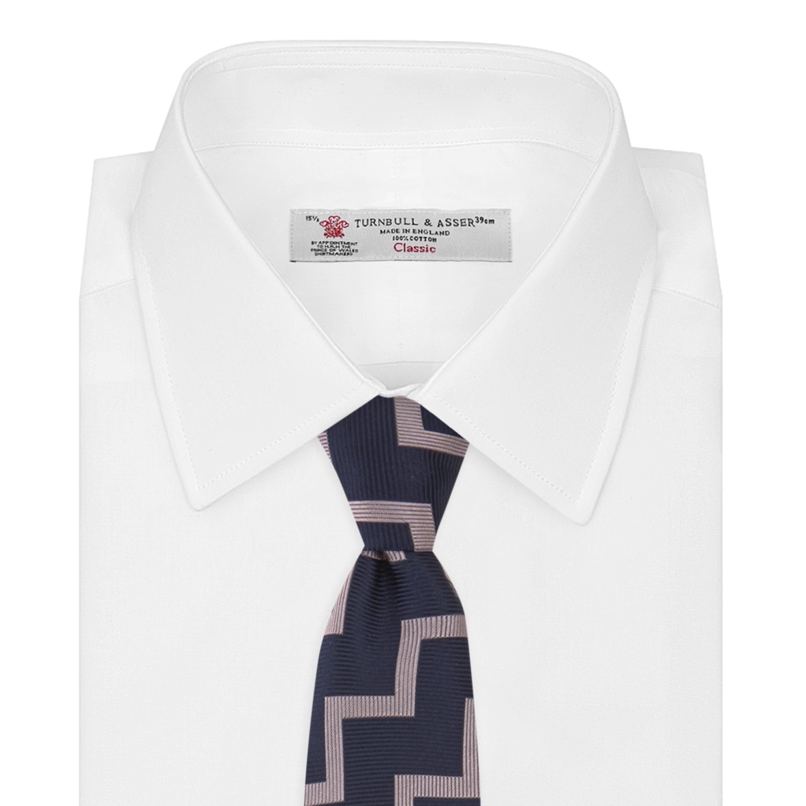 View 2 of product The Turnbull & Asser Navy and Rose Striped Zigzag Silk Tie features a bold zigzag pattern and is shown against a plain white background, making it an ideal accessory for the modern gentleman.