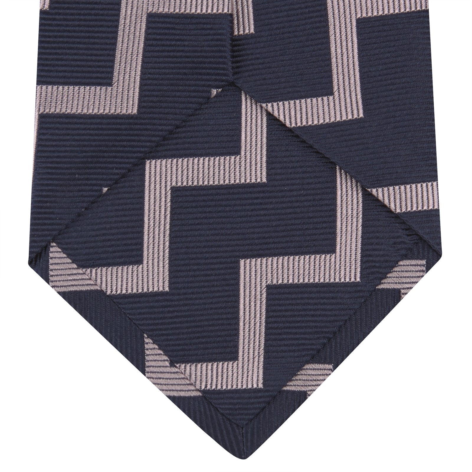 View 4 of product The Turnbull & Asser Navy and Rose Striped Zigzag Silk Tie features a bold zigzag pattern and is shown against a plain white background, making it an ideal accessory for the modern gentleman.