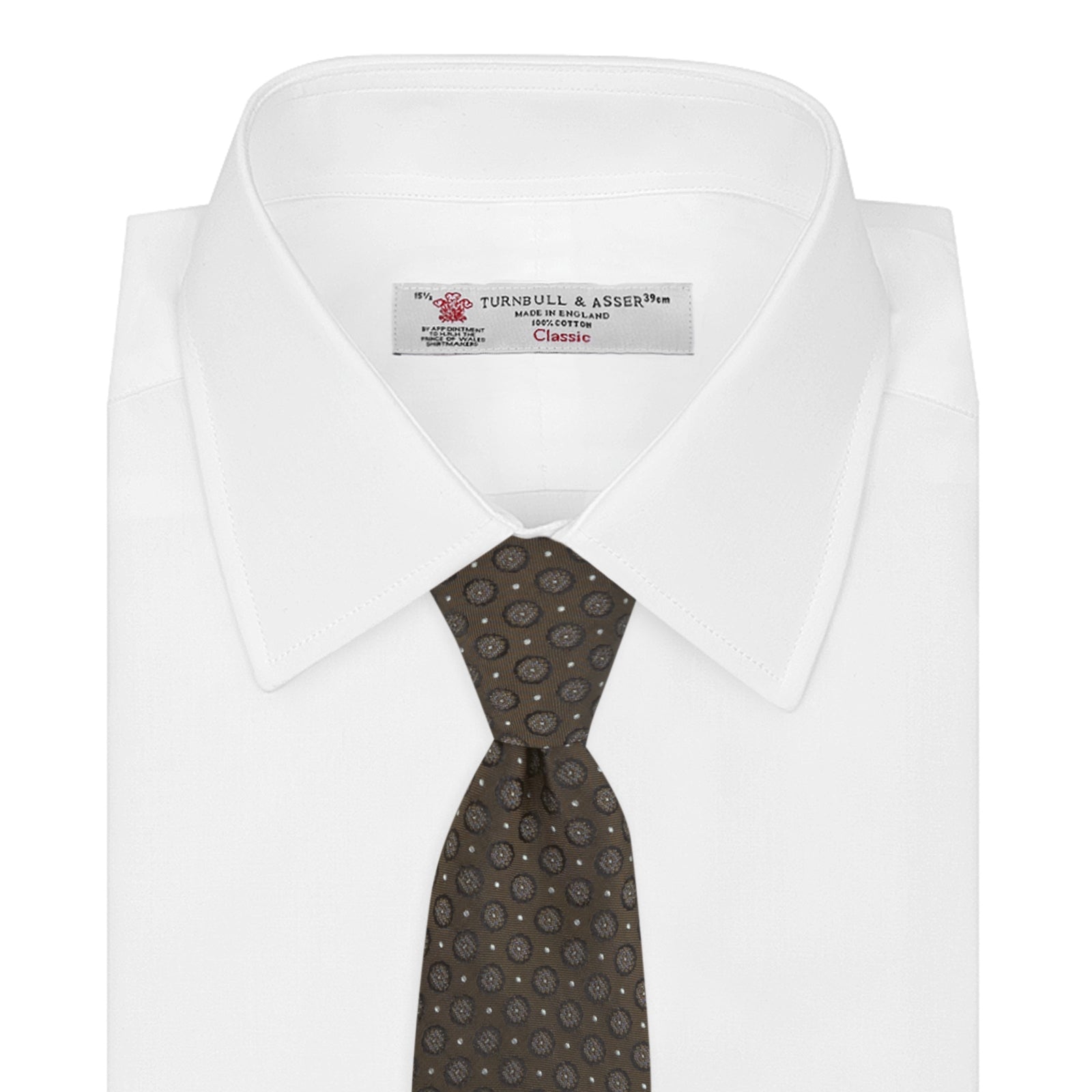 View 2 of product The Brown Floral Spot Silk Tie by Turnbull & Asser features a classic brown base with silver-gray floral spots—an elegant accessory that pairs perfectly with your office shirts.