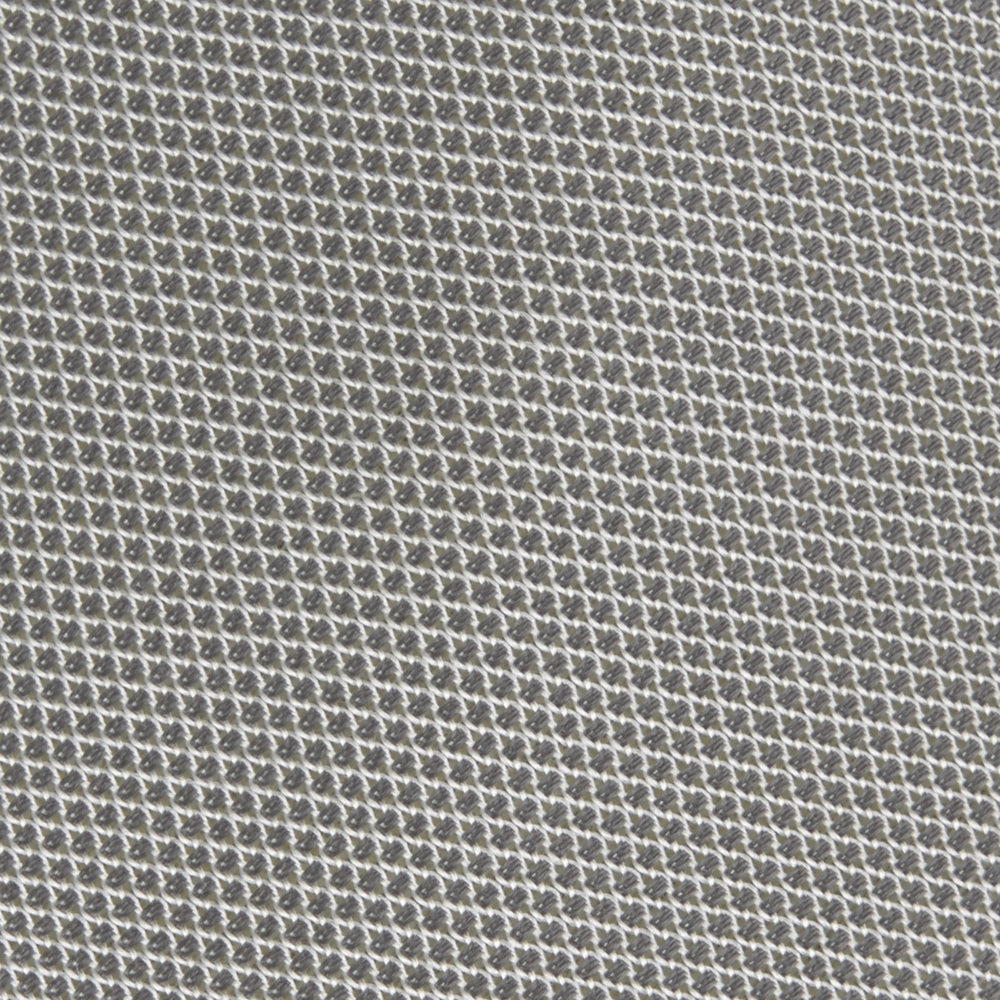 The Turnbull & Asser Light Grey Grenadine Silk Tie features a finely textured checkered pattern and superb dimensional stability, shown rolled up against a plain white background.