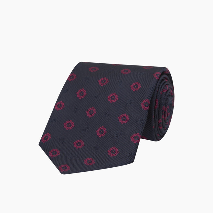 Navy and Dark Pink Emblem Spot Silk Tie Image 4