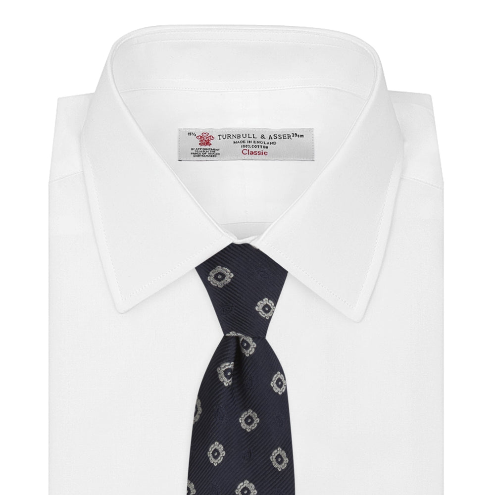 Navy and Silver Emblem Spot Silk Tie