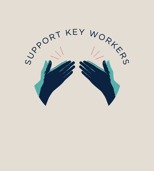 Illustration of two hands clapping with rays above them, surrounded by the text “Support Key Workers” on a light background.