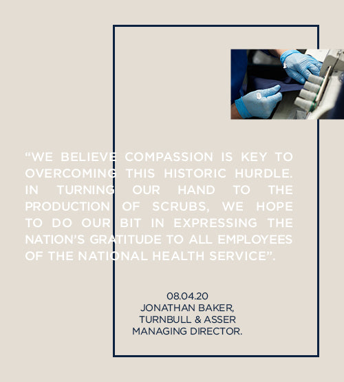 A quote about supporting the NHS by making scrubs, attributed to Jonathan Baker, with a small photo of gloved hands sewing fabric.
