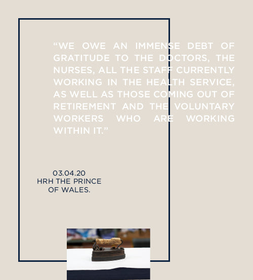 A quote from HRH The Prince of Wales dated 03.04.20 thanks doctors, nurses, health staff, retirees, and volunteers. The background is beige, with a small photo of a crown at the bottom.