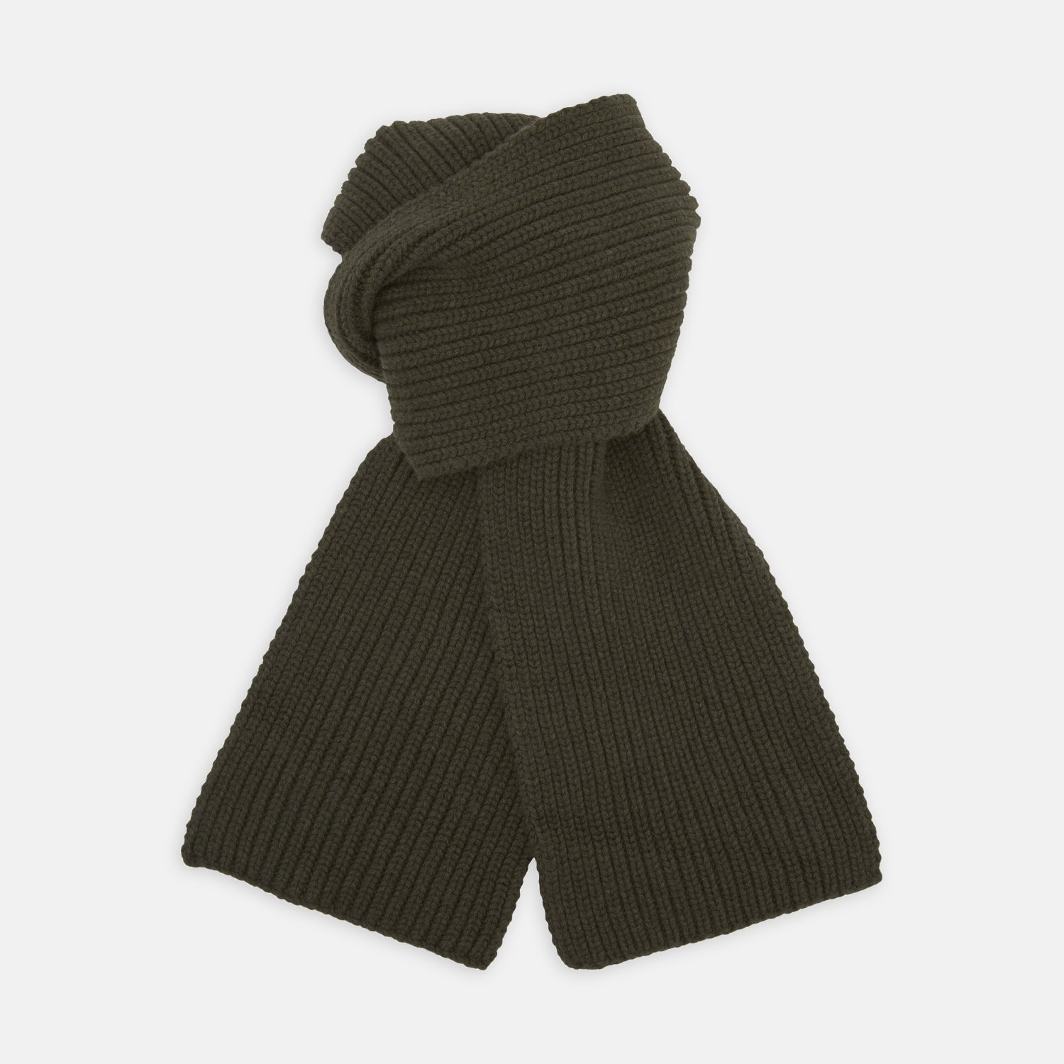 View 1 of product The Turnbull & Asser Khaki Green Knitted Cashmere Scarf is laid flat with one end looped through the other, showcasing its thick, cozy texture—an ideal winter accessory.