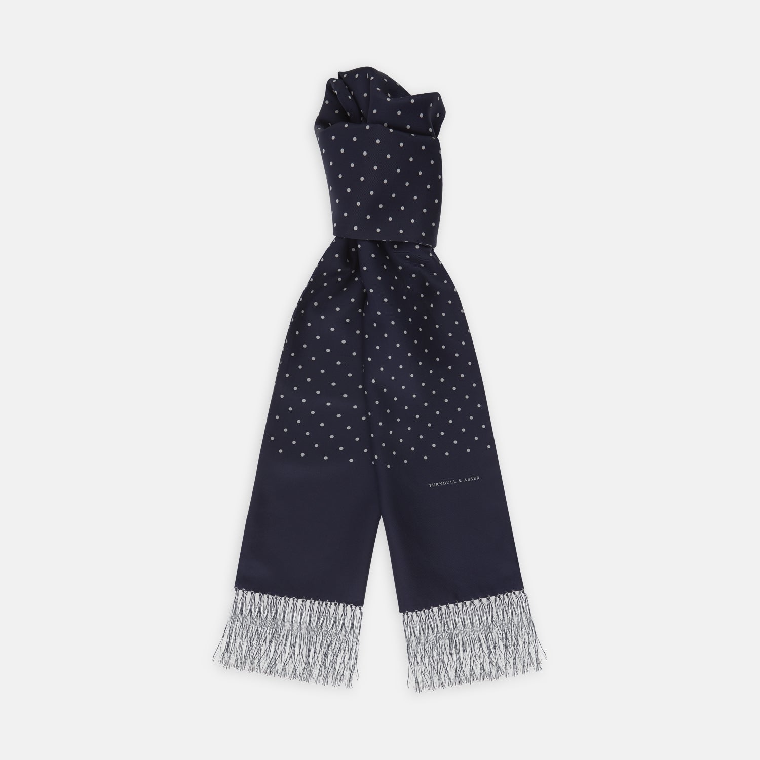 Navy Spotted Silk Scarf Fringes