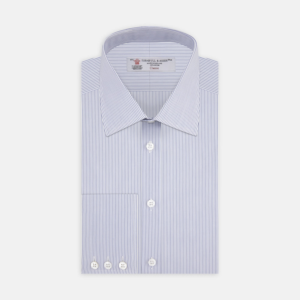 Blue and White Fine Stripe Shirt with T&A Collar and 3-Button Cuffs