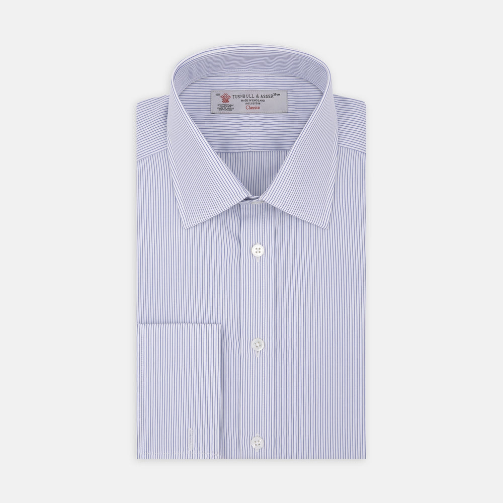 Blue and White Fine Stripe Cotton Shirt with T&A Collar and Double Cuff
