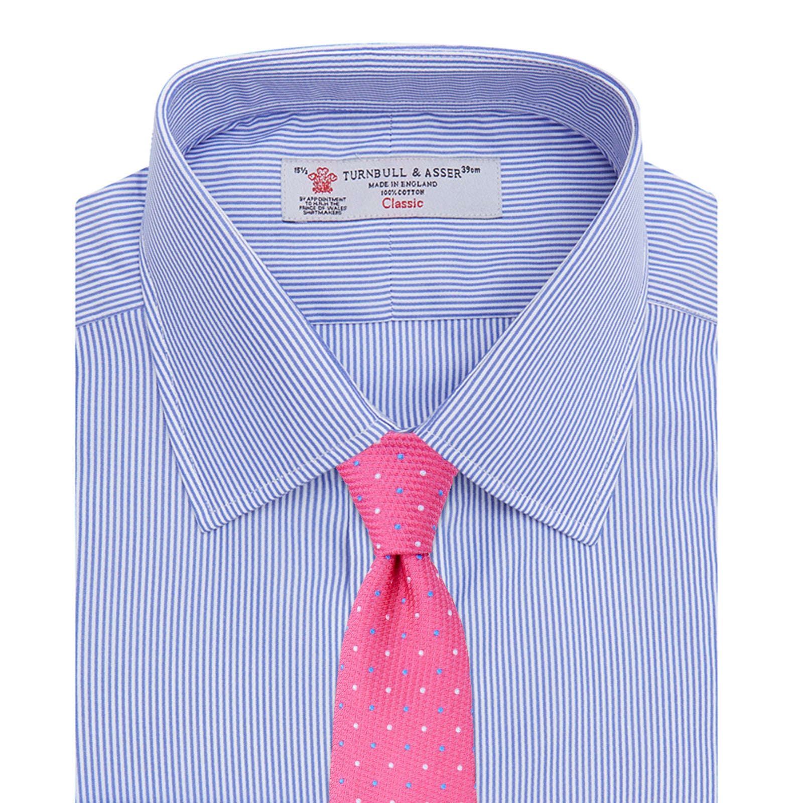 View 4 of product The Turnbull & Asser Blue Fine Bengal Stripe Shirt features a classic T&A collar, white buttons, and 3-button cuffs, displayed neatly folded against a plain white background.