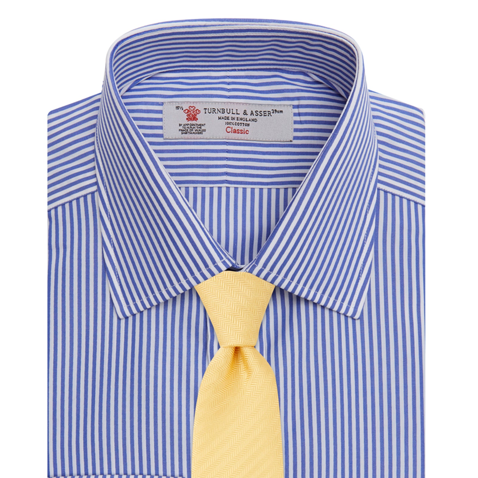 View 4 of product The Turnbull & Asser Blue Bengal Stripe Shirt features a T&A collar, double cuffs, and crisp white buttons. Made from cotton with blue and white bengal stripes, it’s neatly folded and displayed on a white background.
