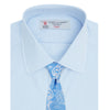 View 4 of product The Turnbull & Asser Light Blue Fine Check Shirt for men features a T&A collar, 3-button cuffs, classic white buttons, and a refined check design with a visible label inside the collar.