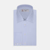 View 1 of product The Turnbull & Asser Light Blue Fine Check Shirt for men features a T&A collar, 3-button cuffs, classic white buttons, and a refined check design with a visible label inside the collar.