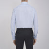 View 3 of product The Turnbull & Asser Light Blue Fine Check Shirt for men features a T&A collar, 3-button cuffs, classic white buttons, and a refined check design with a visible label inside the collar.