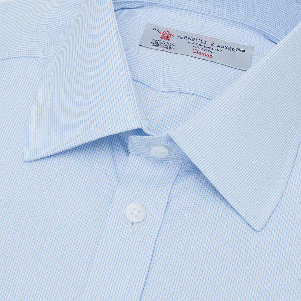 Light Blue Fine Check Shirt with T&A Collar and Double Cuffs