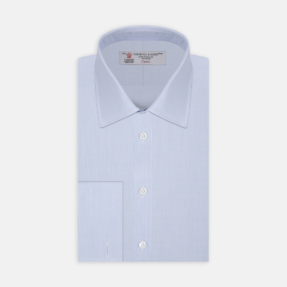 Light Blue Fine Check Shirt with T&A Collar and Double Cuffs