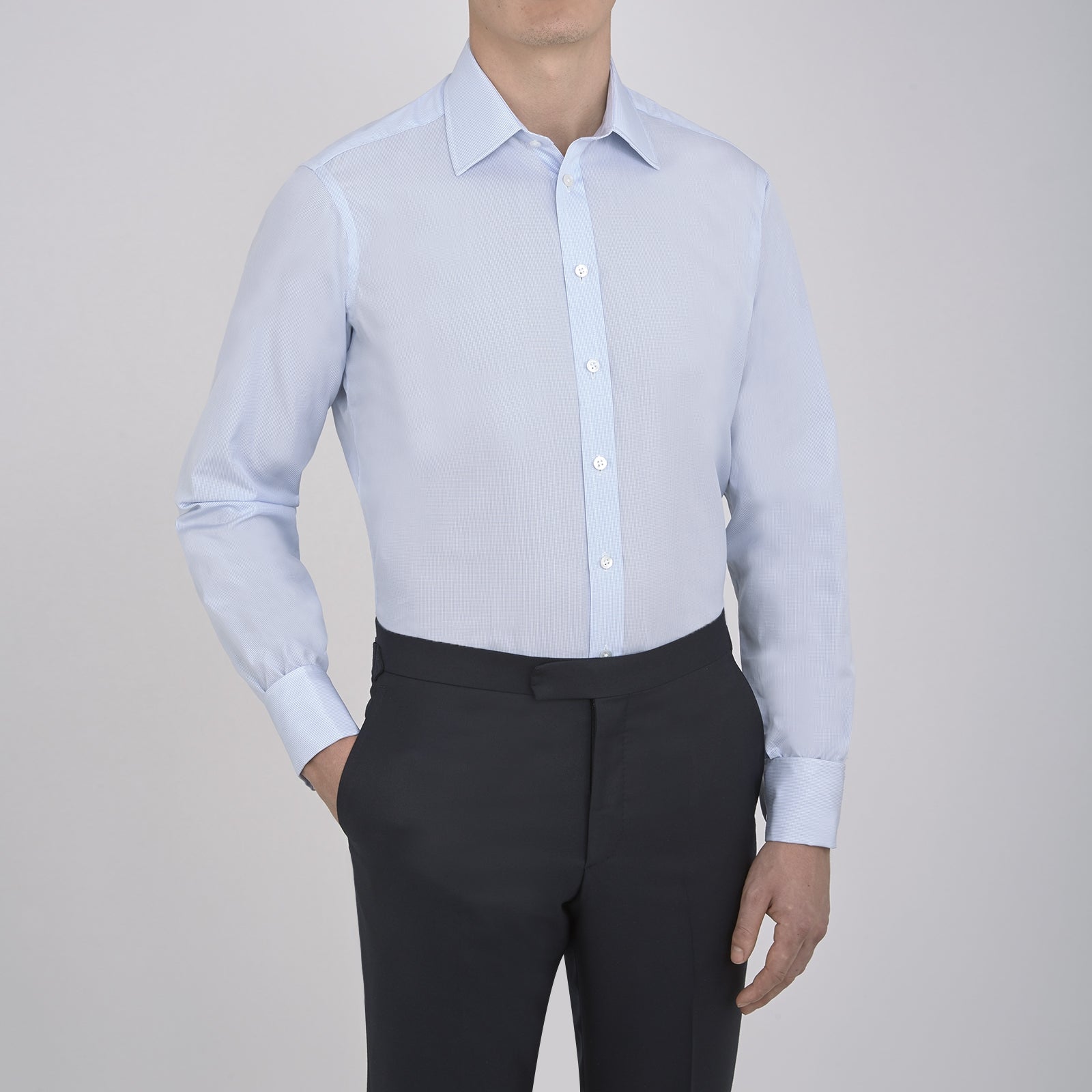Image 2 of product Light Blue Fine Check Shirt with T&A Collar and Double Cuffs