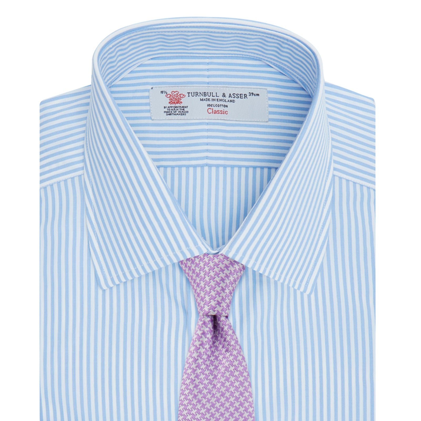 View 4 of product The Turnbull & Asser Light Blue Bengal Stripe Shirt features a T&A collar, double cuffs, and white buttons, offering British flair in blue and white stripes against a plain background.