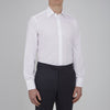 View 2 of product The Turnbull & Asser Two-Fold 120 White Shirt features a T&A collar and 3-button cuffs—an everyday essential, displayed against a light blue background.