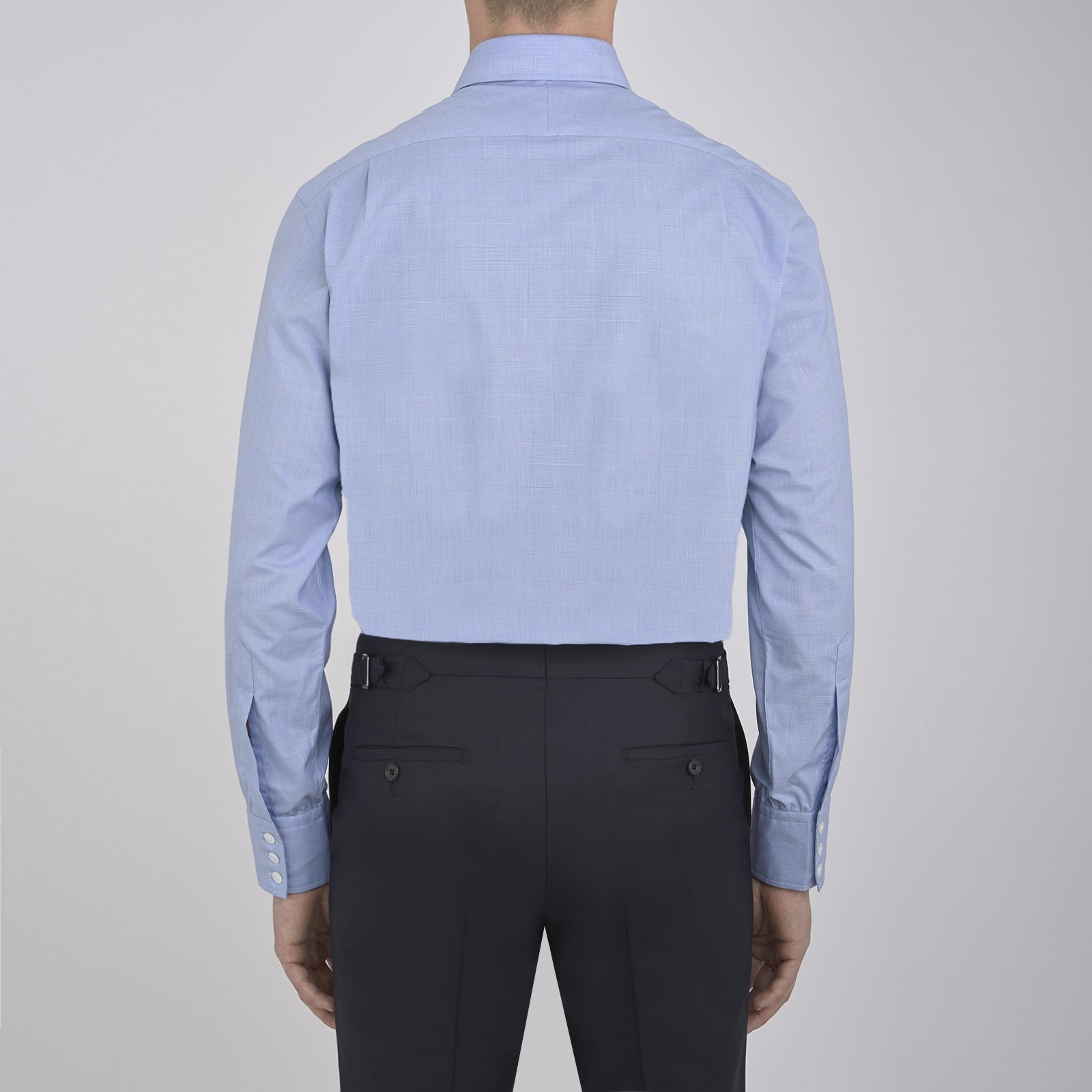 View 3 of product A Blue Prince of Wales Check Shirt by Turnbull & Asser, featuring a T&A collar and 3-button cuffs, is displayed against a plain white background.