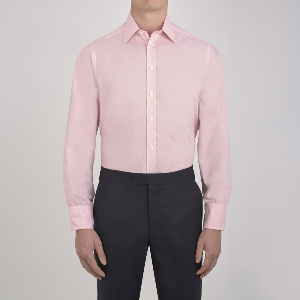 The Turnbull & Asser Pink Micro-Check Cotton Shirt features a T&A collar, 3-button cuffs, and a refined micro-check pattern, shown neatly folded against a white background.